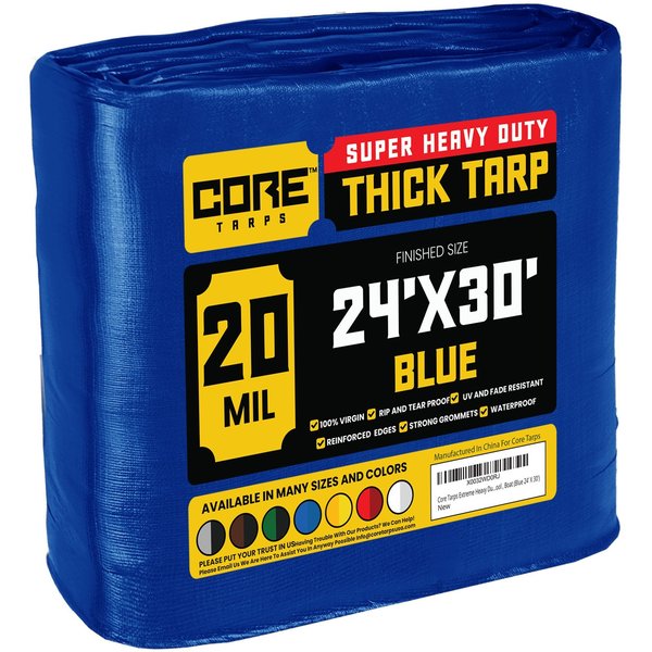 Core Tarps 30 ft x 0.5 mm H x 24 ft W Heavy Duty 20 Mil Tarp, Blue, Polyethylene CT-705-24X30